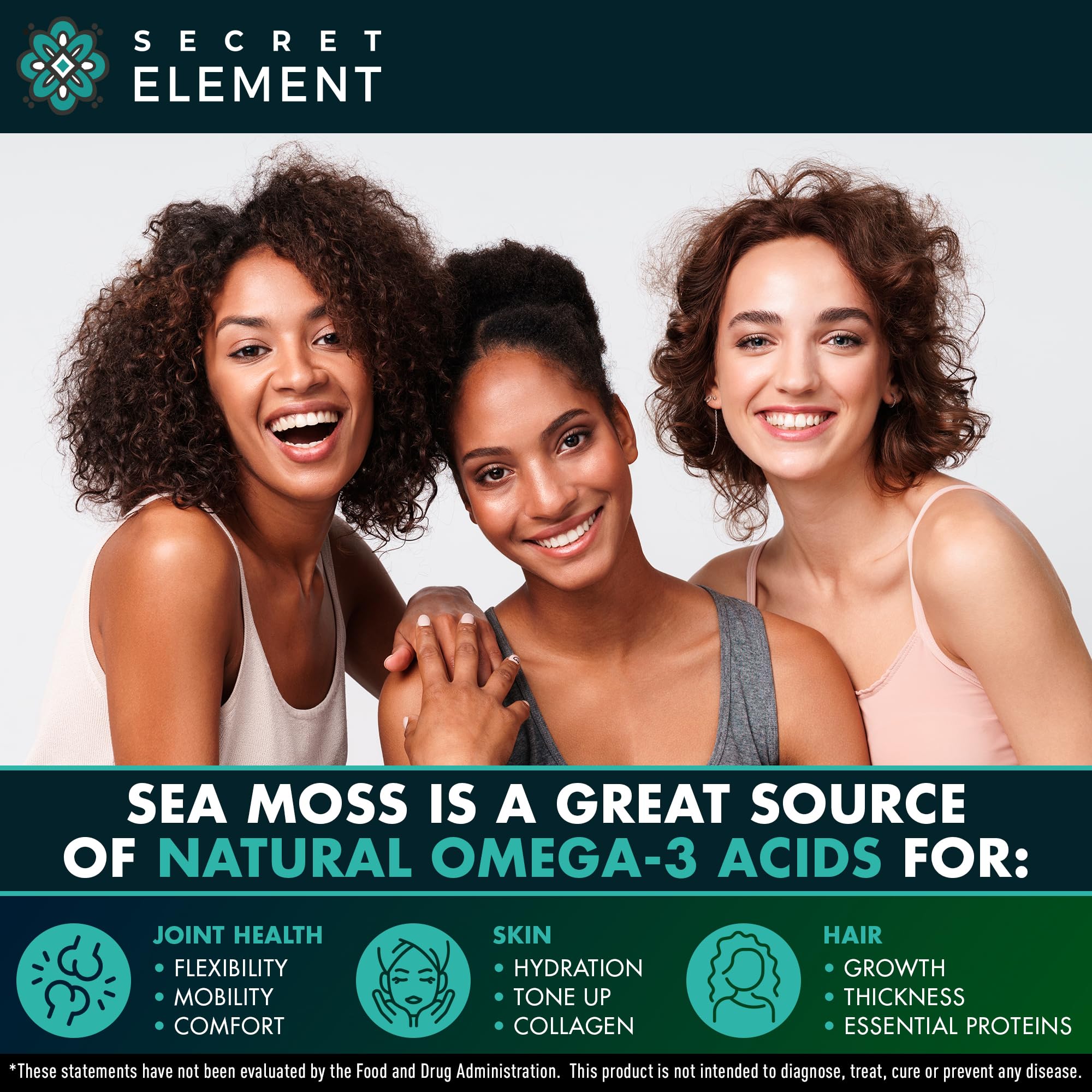 Secret Element Sea Moss Capsules bladderwrack visual indicates seaweed-based wellness options.