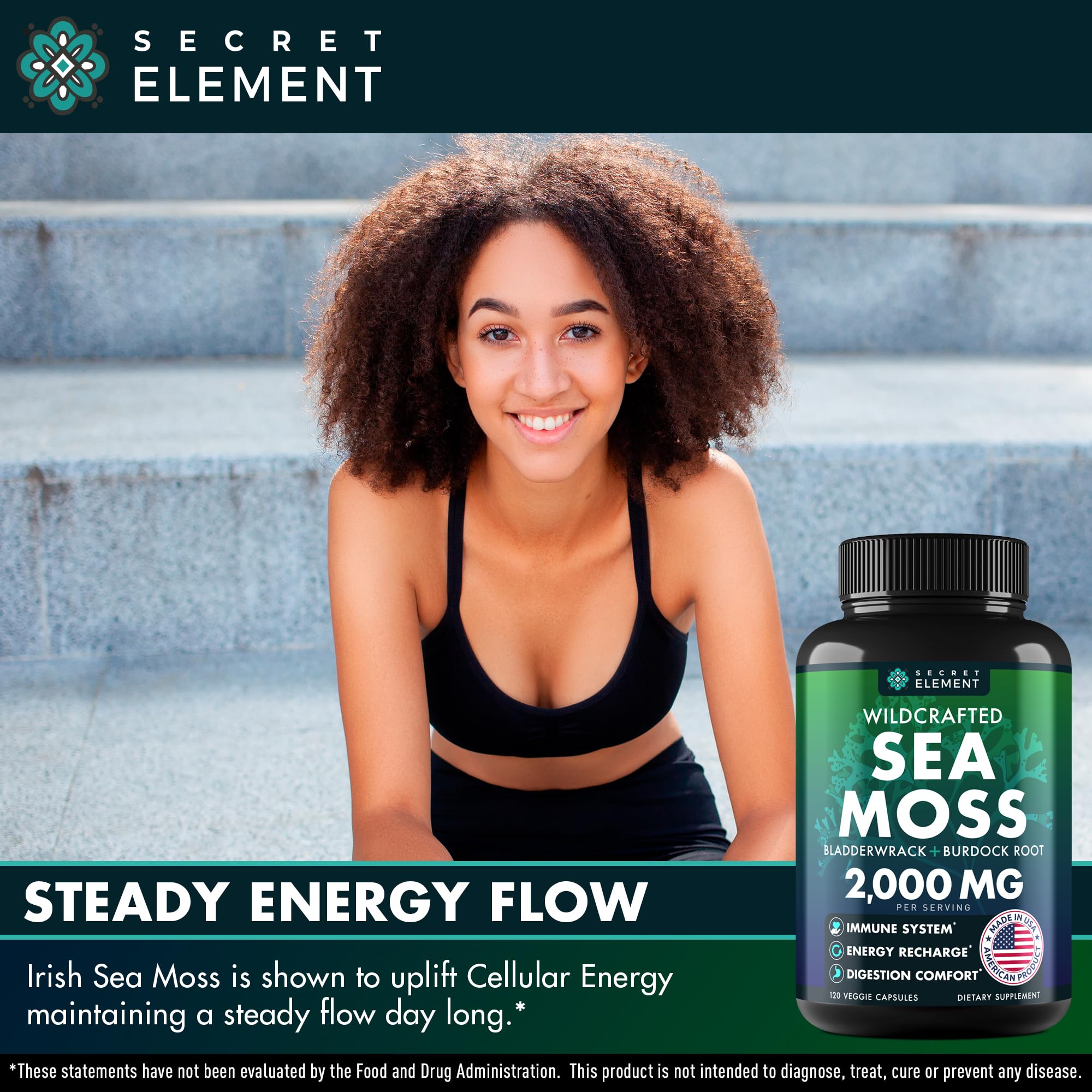 Secret Element Sea Moss Capsules burdock root view shows earthy botanical support.