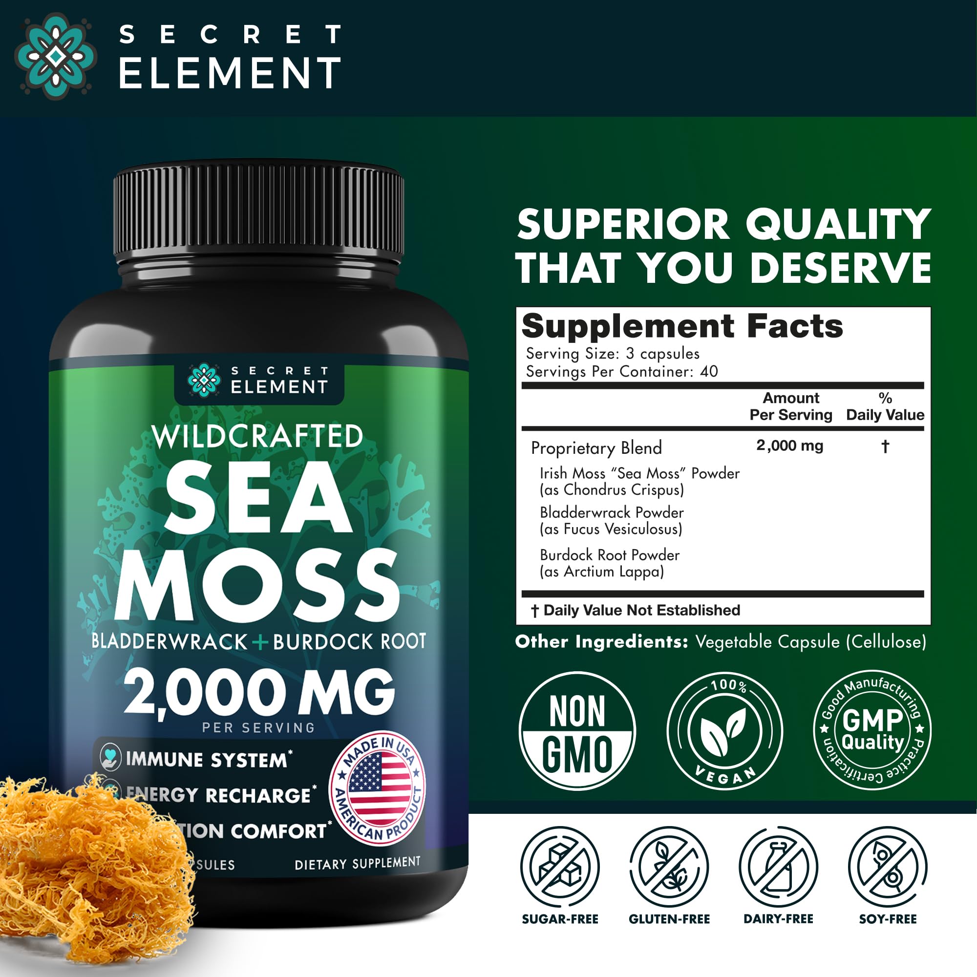 Secret Element Sea Moss Capsules muira puama shot highlights plant-powered lifestyle support.