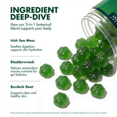 Secret Element Sea Moss Gummies apple flavor closeup highlights tasty, sugar-free option.