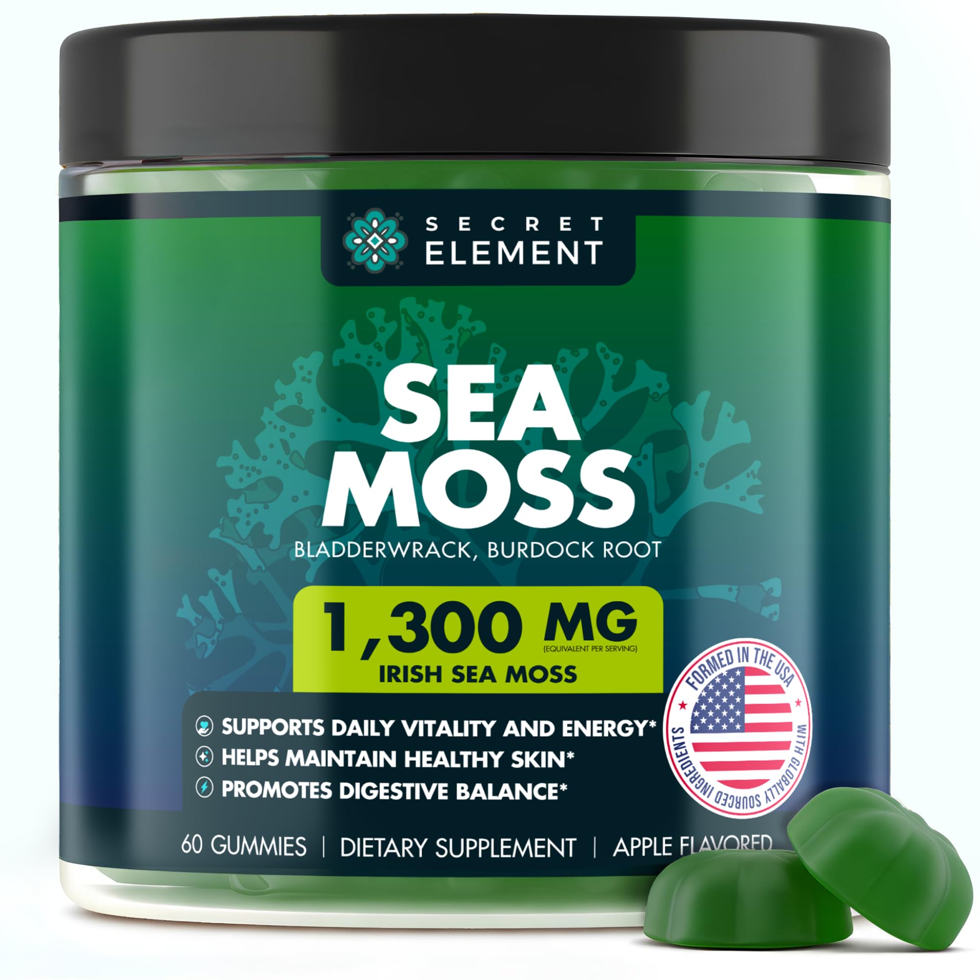 Secret Element Sea Moss Gummies front bottle showcases convenient daily consumption.
