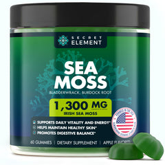 Secret Element Sea Moss Gummies front bottle showcases convenient daily consumption.