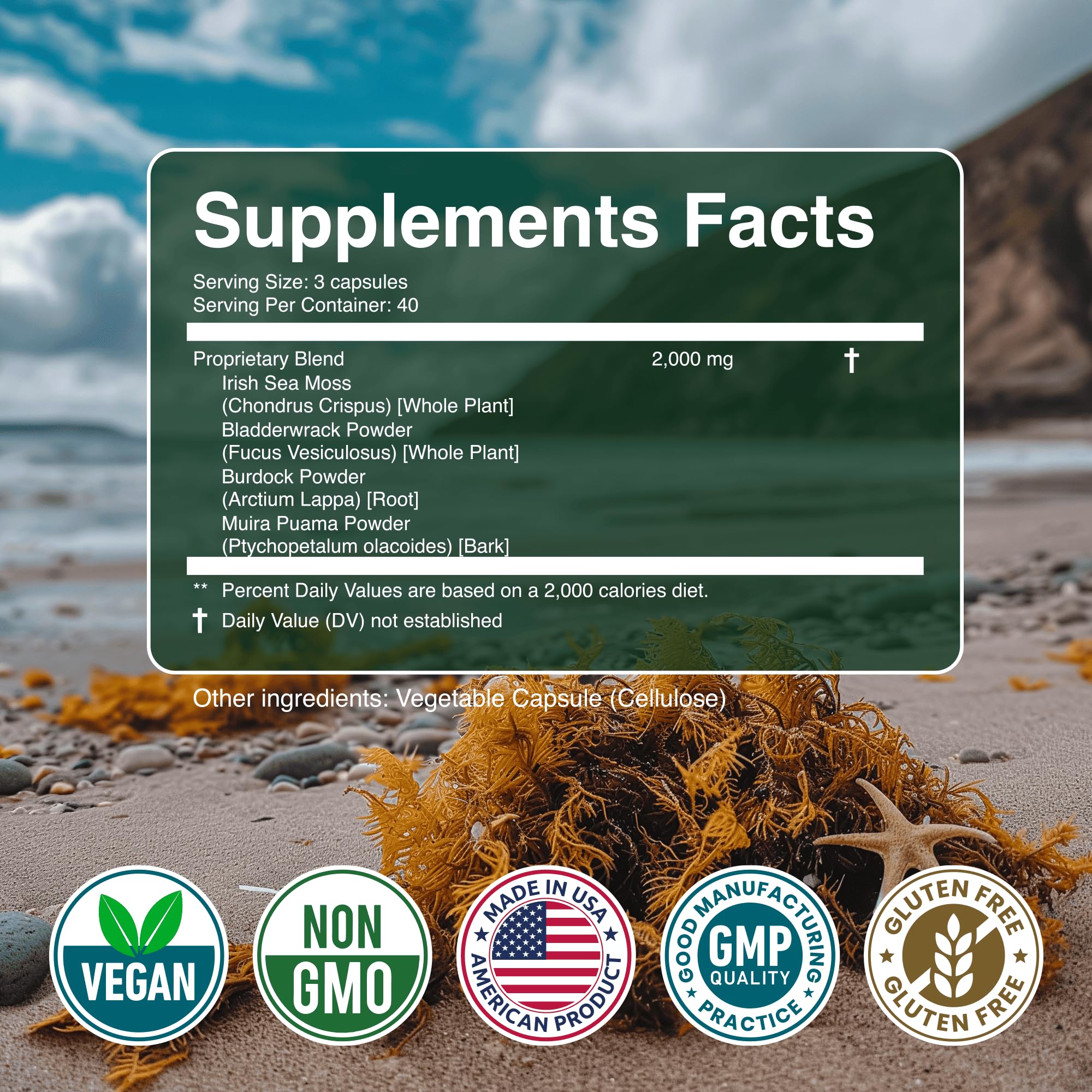 Secret Element Sea Moss USA-made label—gluten-free and non-GMO.