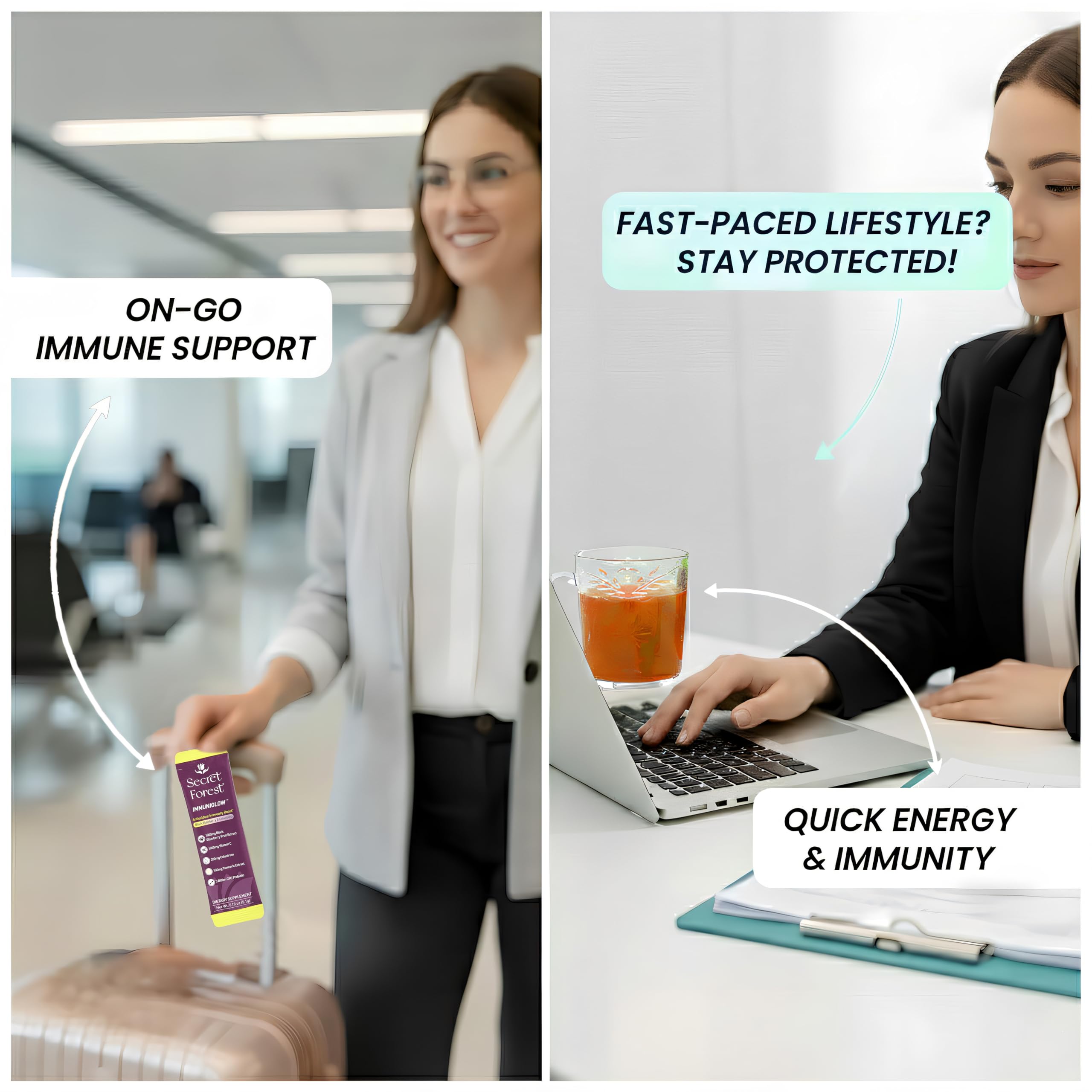 Berry-flavored ImmuniGlow poured with ice for on-the-go hydration and wellness