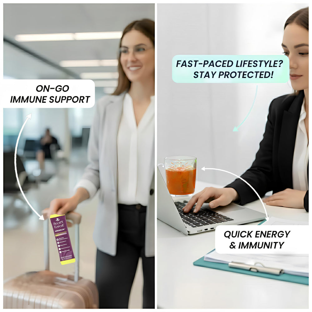 Berry-flavored ImmuniGlow poured with ice for on-the-go hydration and wellness