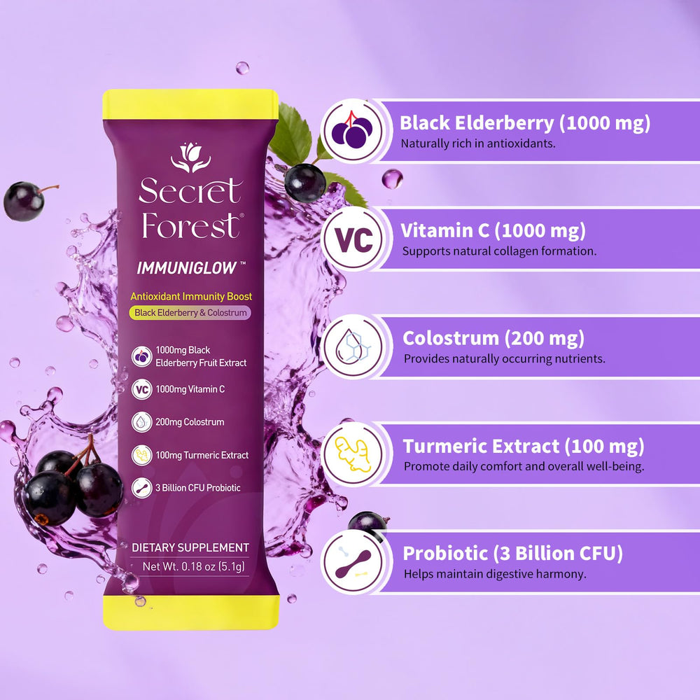 Secret Forest ImmuniGlow single-serve packet ready to mix for daily wellness