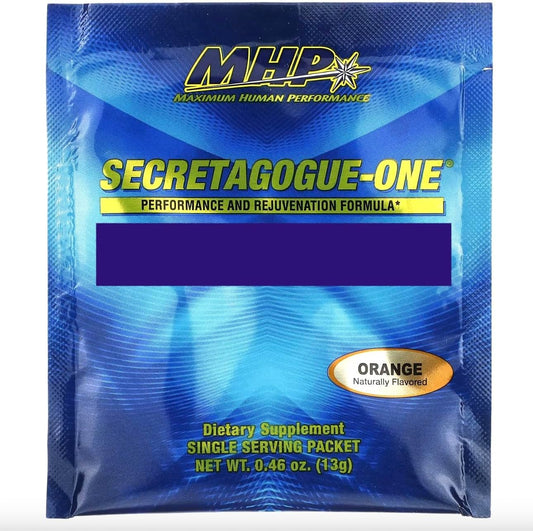 Secretagogue Gold 30-packets sleeve emphasizes convenient herbal, amino acid blend for daily wellness.