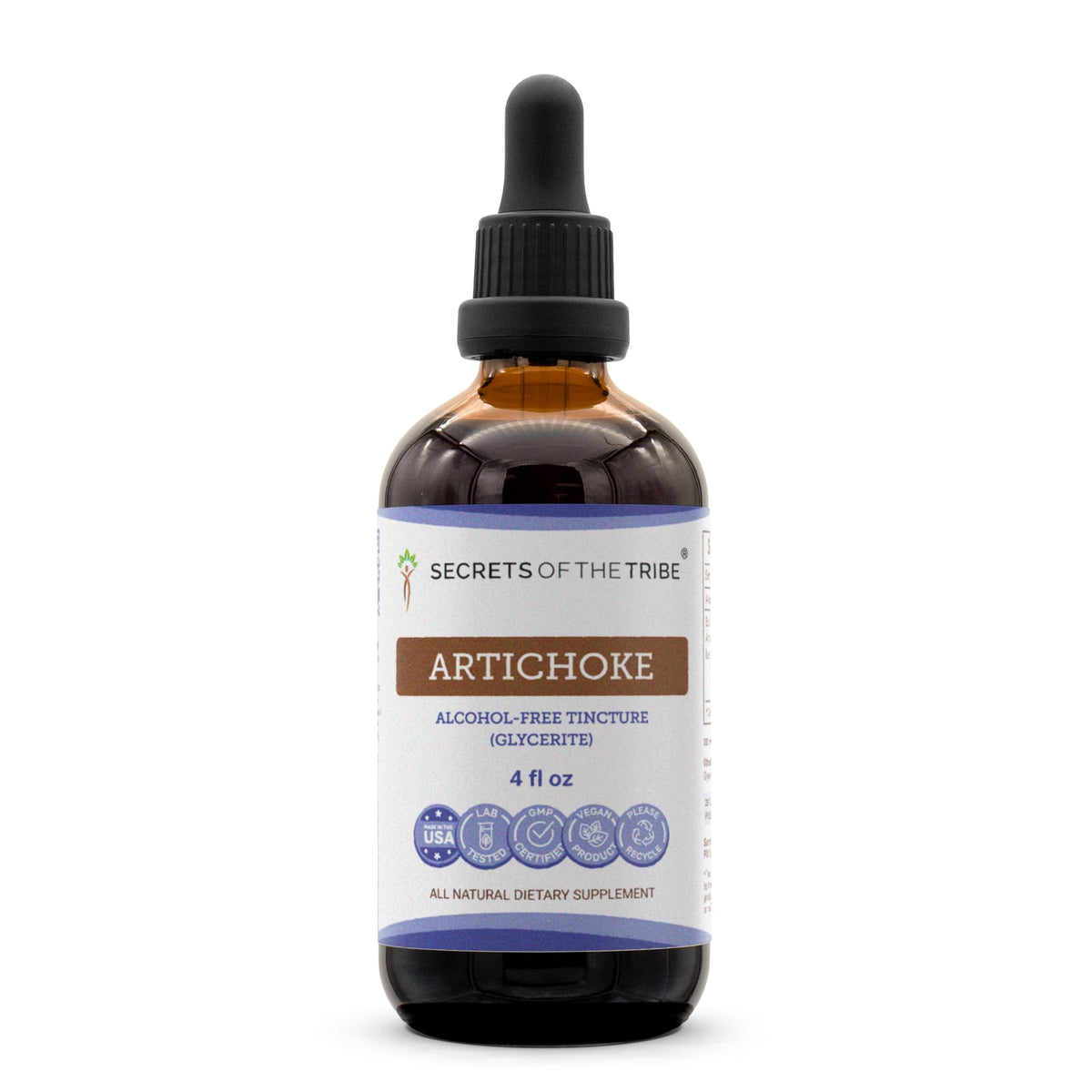 Secrets of the Tribe artichoke tincture bottle for daily wellness support.