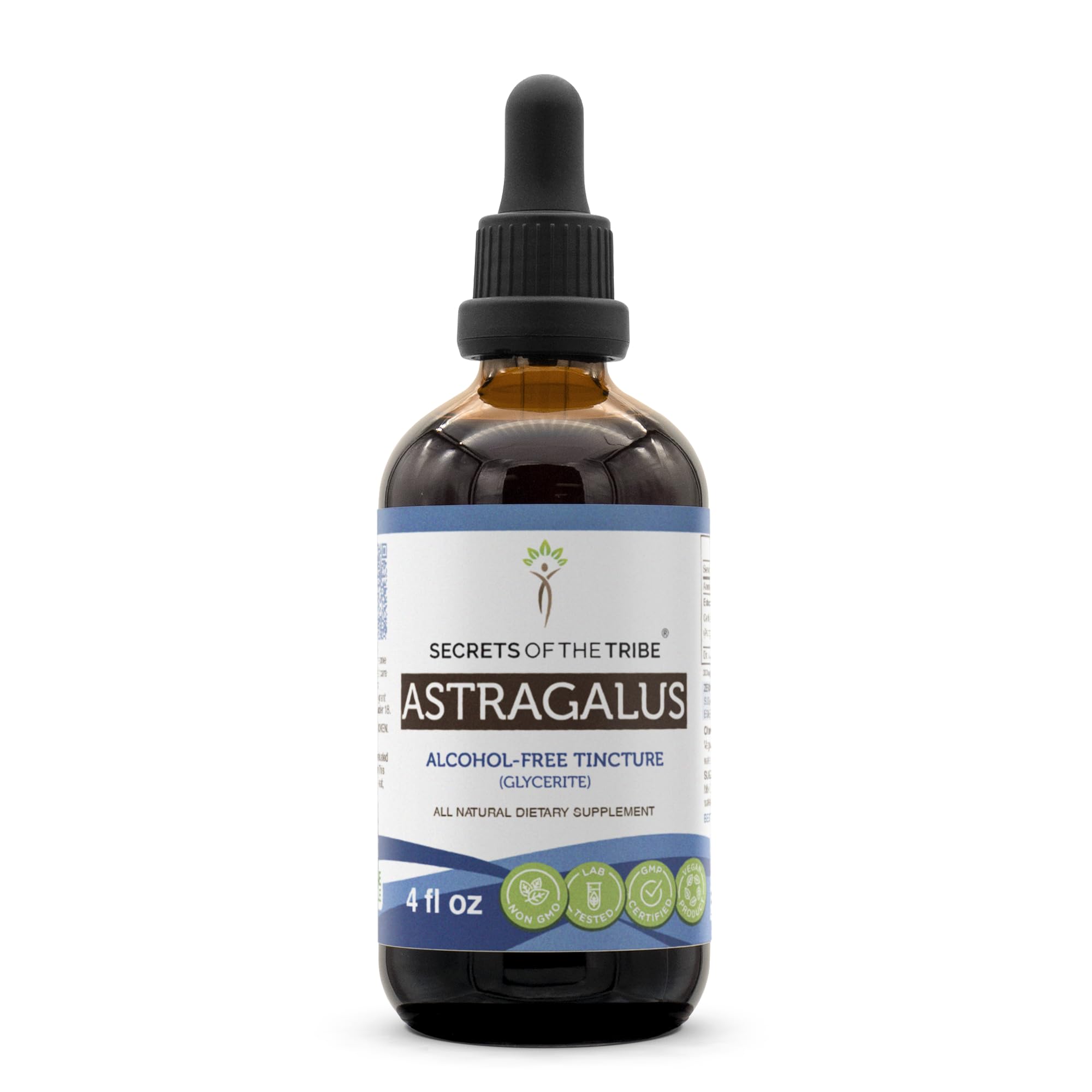 Secrets of the Tribe Astragalus tincture bottle shown for alcohol-free daily use.