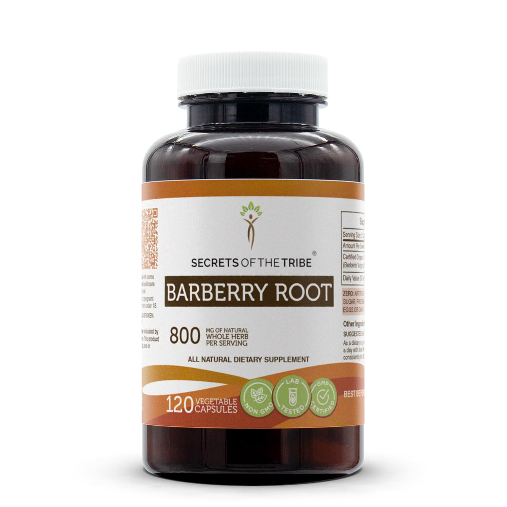 Secrets of the Tribe Barberry Root capsules bottle, easy-to-swallow plant-based capsules for daily use.