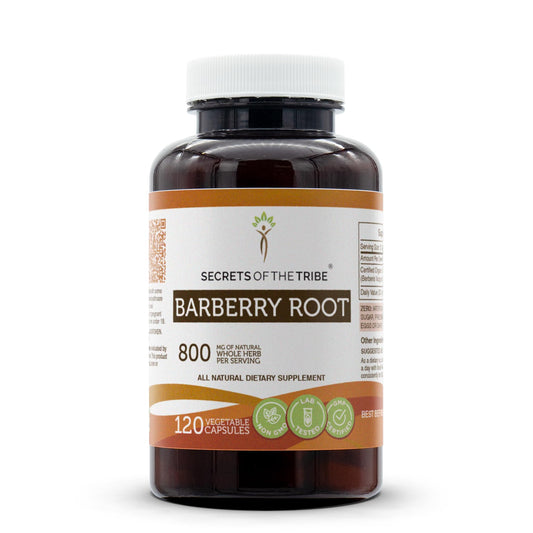 Secrets of the Tribe Barberry Root capsules bottle, easy-to-swallow plant-based capsules for daily use.