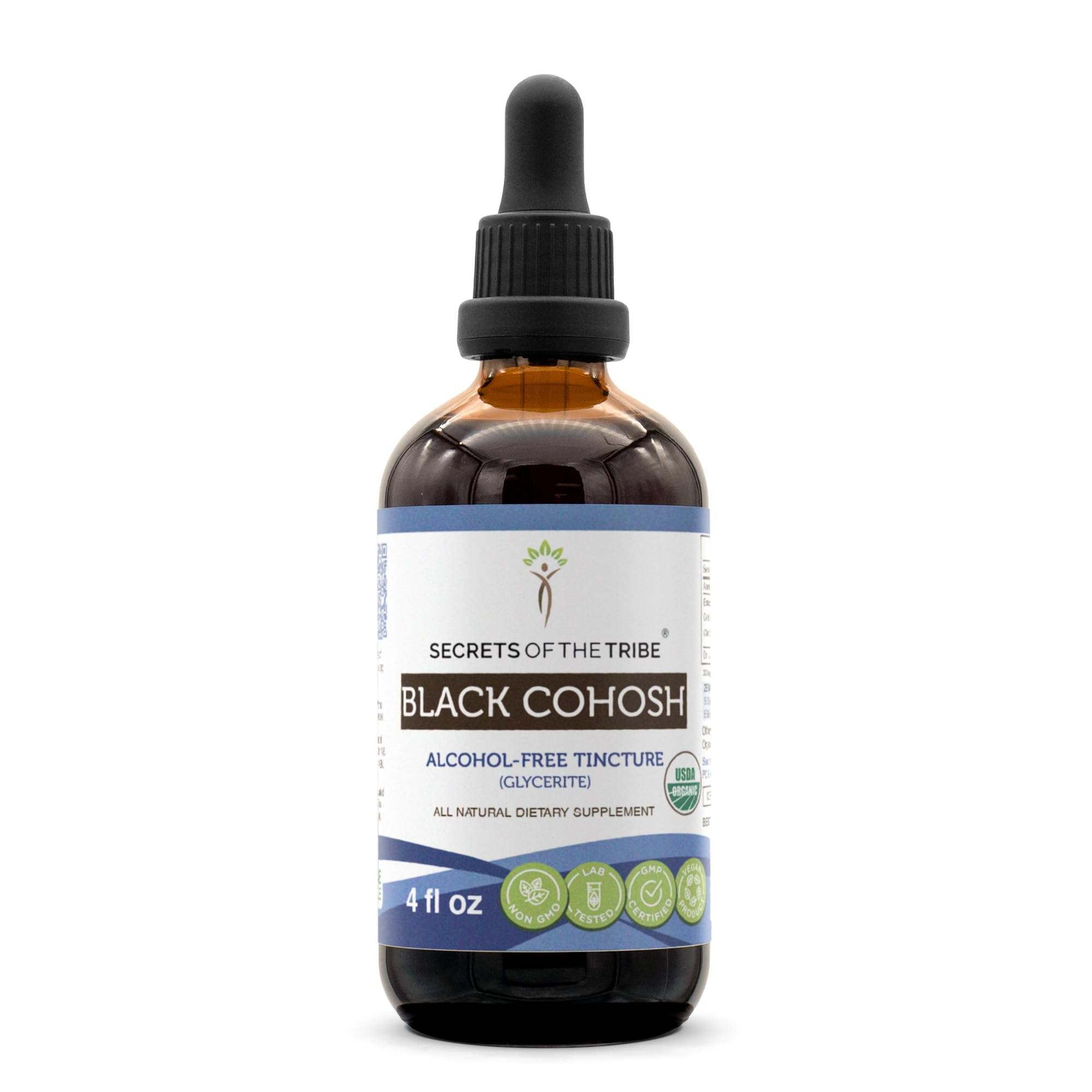 Secrets of the Tribe Black Cohosh bottle pour demonstrates alcohol-free, high-potency formula