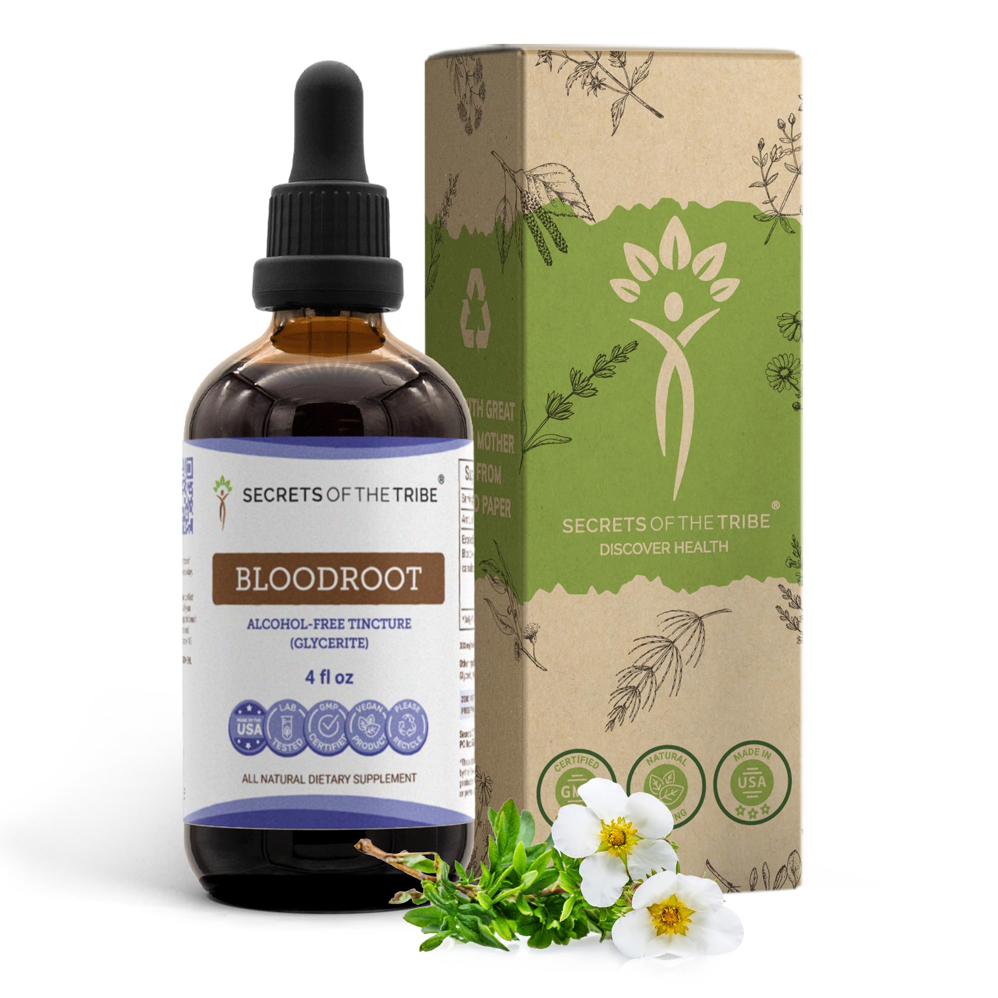 Secrets of the Tribe Bloodroot tincture bottle shows pure, high-potency extract for easy daily use.