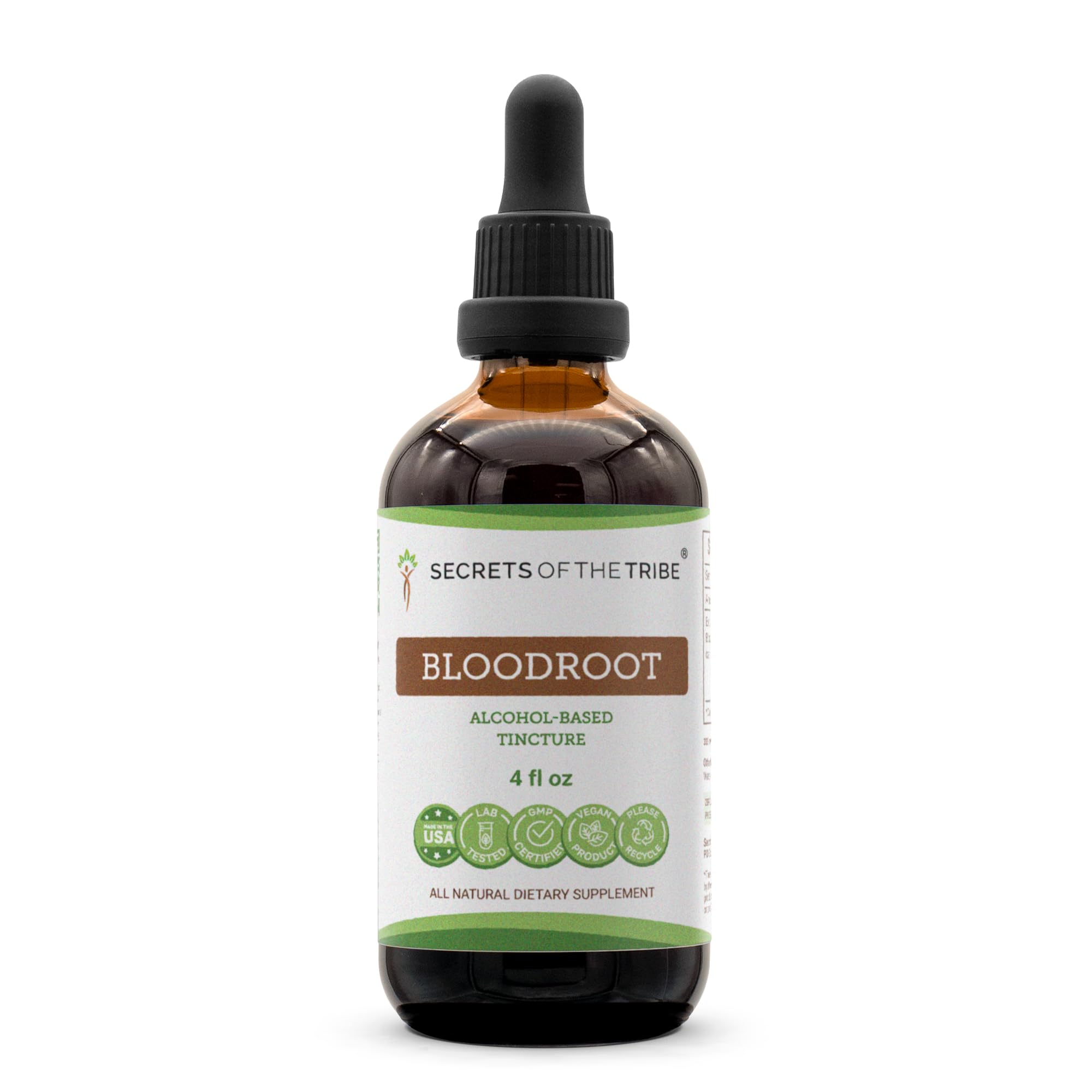 Secrets of the Tribe Bloodroot tincture bottle ready for easy dosing