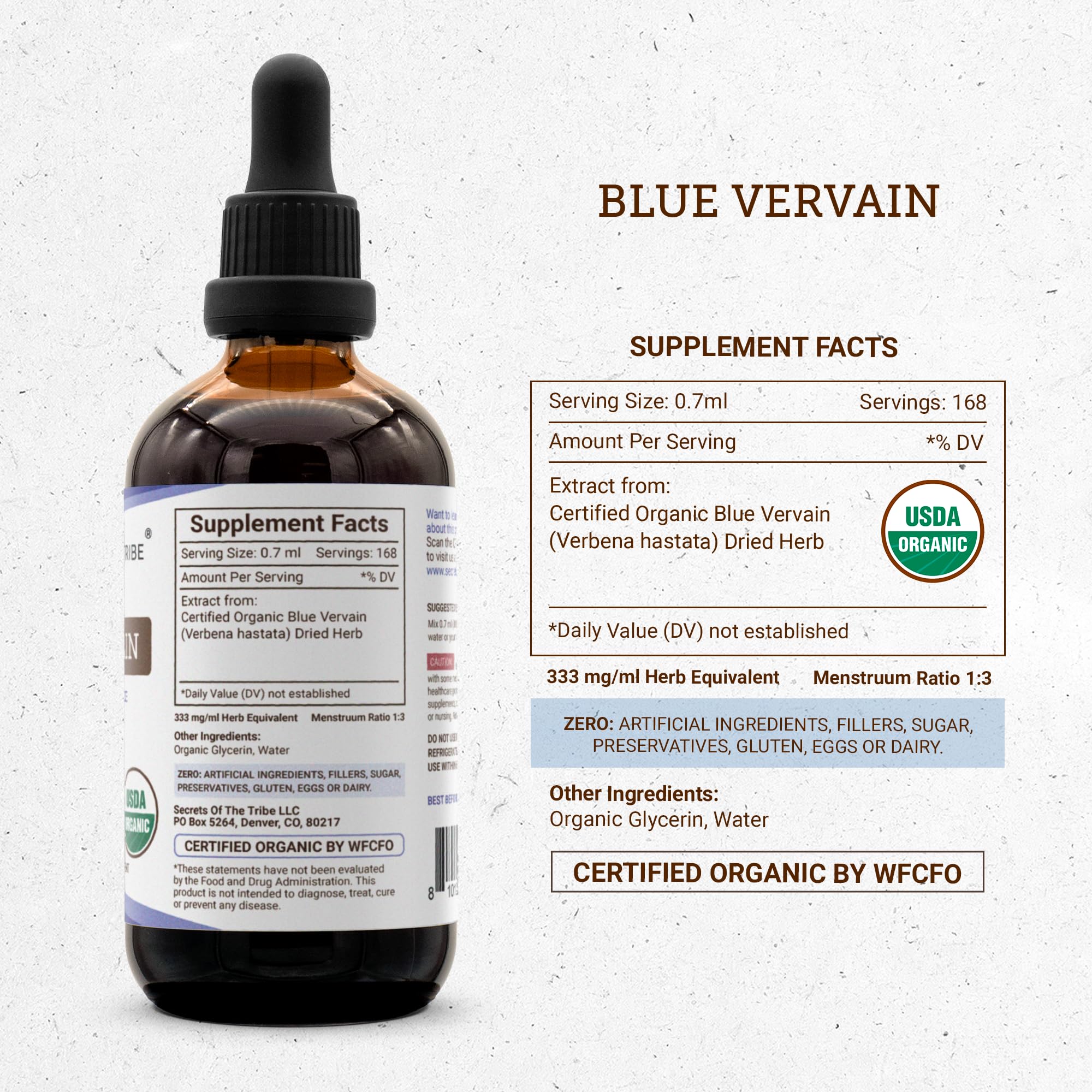 Secrets of the Tribe Blue Vervain USA facility label close-up highlighting quality sourcing