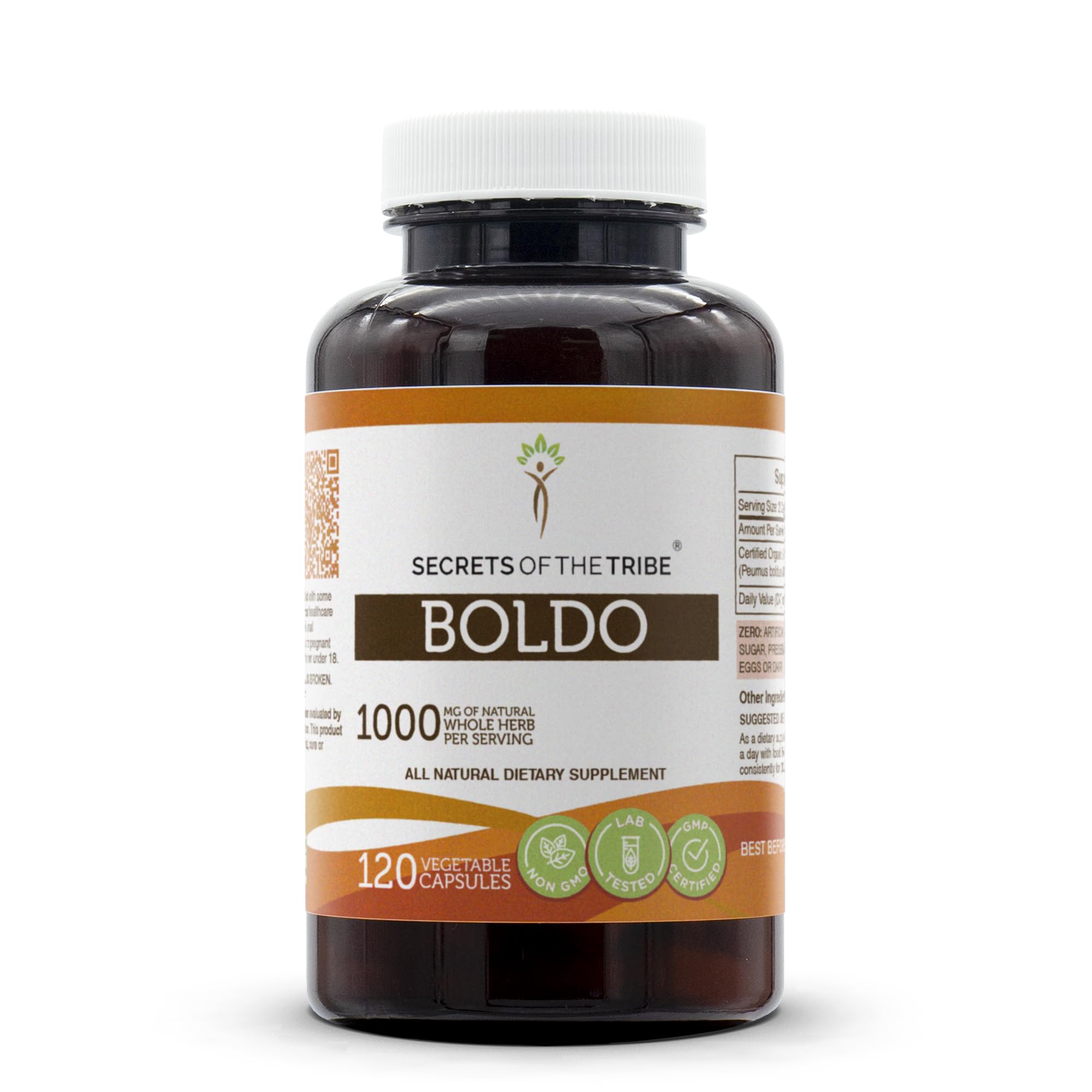 Secrets of the Tribe Boldo bottle close-up shows high potency and natural ingredients.