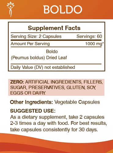 Secrets of the Tribe Boldo label detail emphasizes natural, gluten-free formula.