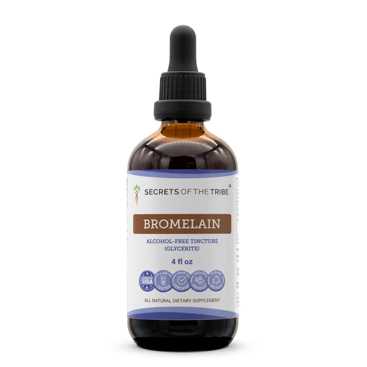 Secrets of the Tribe bromelain tincture bottle showing easy absorption potential