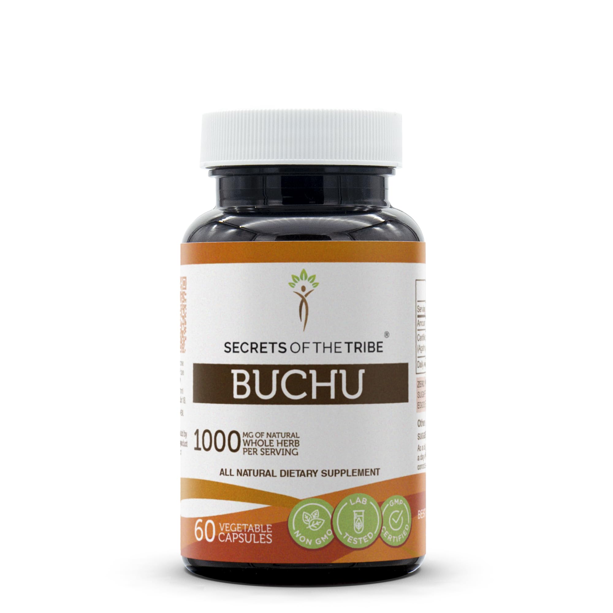 Secrets of the Tribe Buchu bottle shows 60 capsules for daily use.