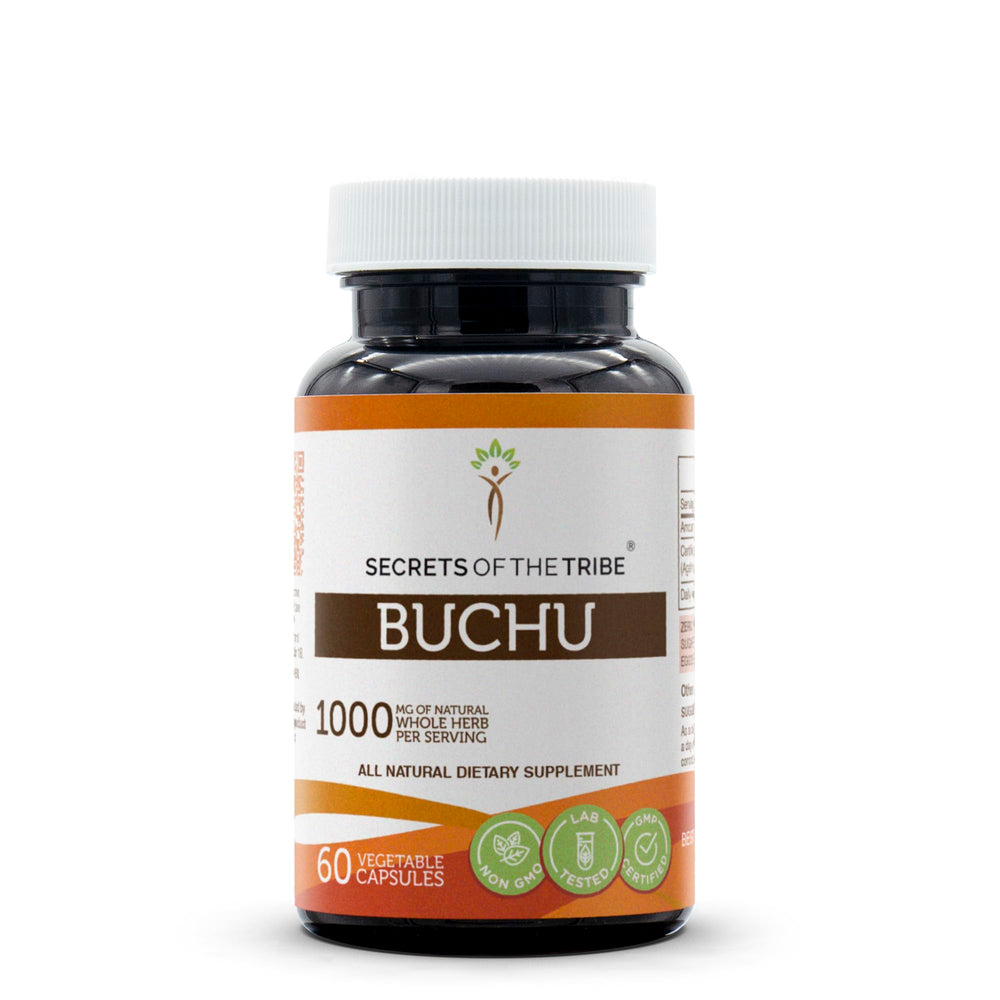 Secrets of the Tribe Buchu bottle shows 60 capsules for daily use.