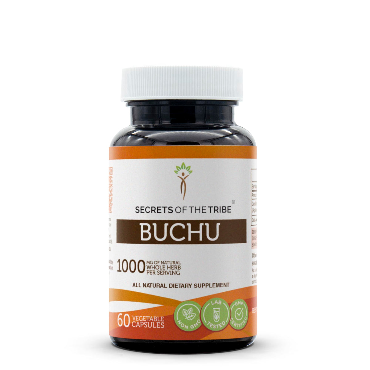 Secrets of the Tribe Buchu bottle shows 60 capsules for daily use.
