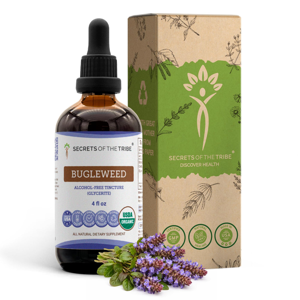 Secrets of the Tribe Bugleweed tincture bottle closeup showing organic, alcohol-free liquid