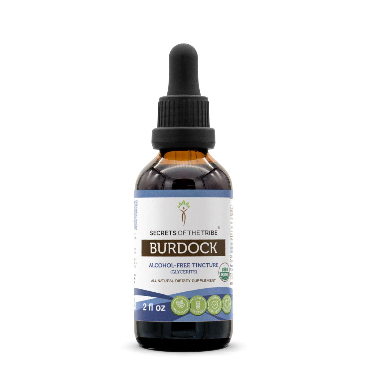 Secrets of the Tribe Burdock bottle front shows organic, alcohol-free drops for daily use.