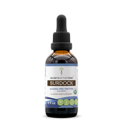 Secrets of the Tribe Burdock bottle front shows organic, alcohol-free drops for daily use.