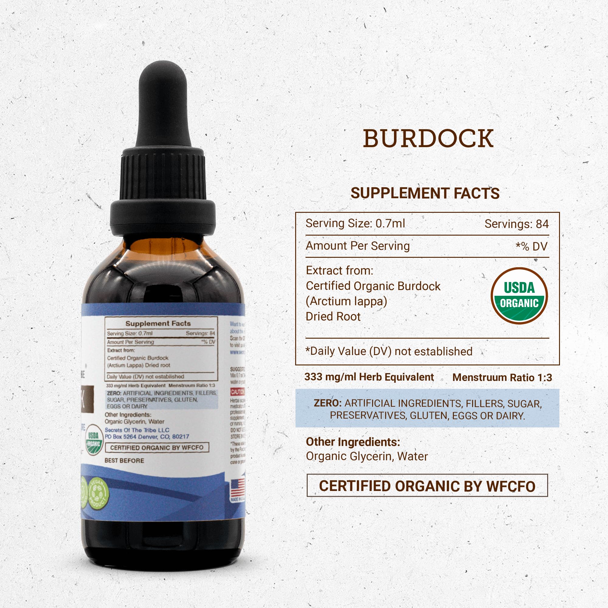 Secrets of the Tribe Burdock dried root image highlights 100% organic plant origin.