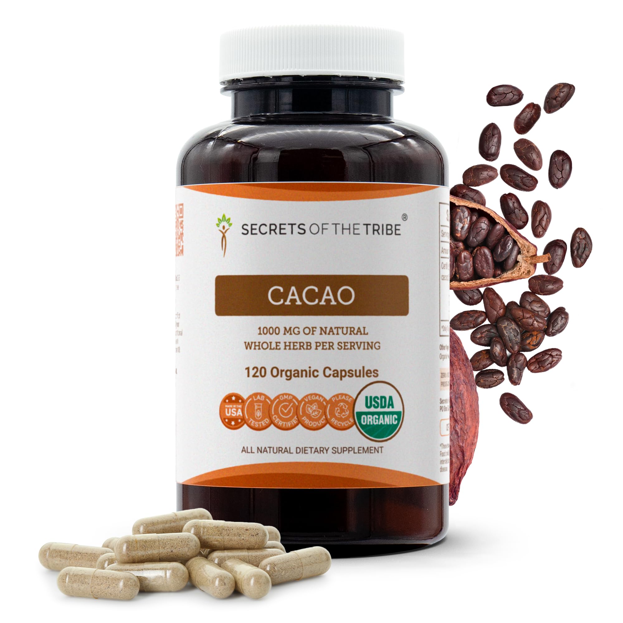 Secrets of the Tribe cacao capsules bottle showing high-potency daily wellness option