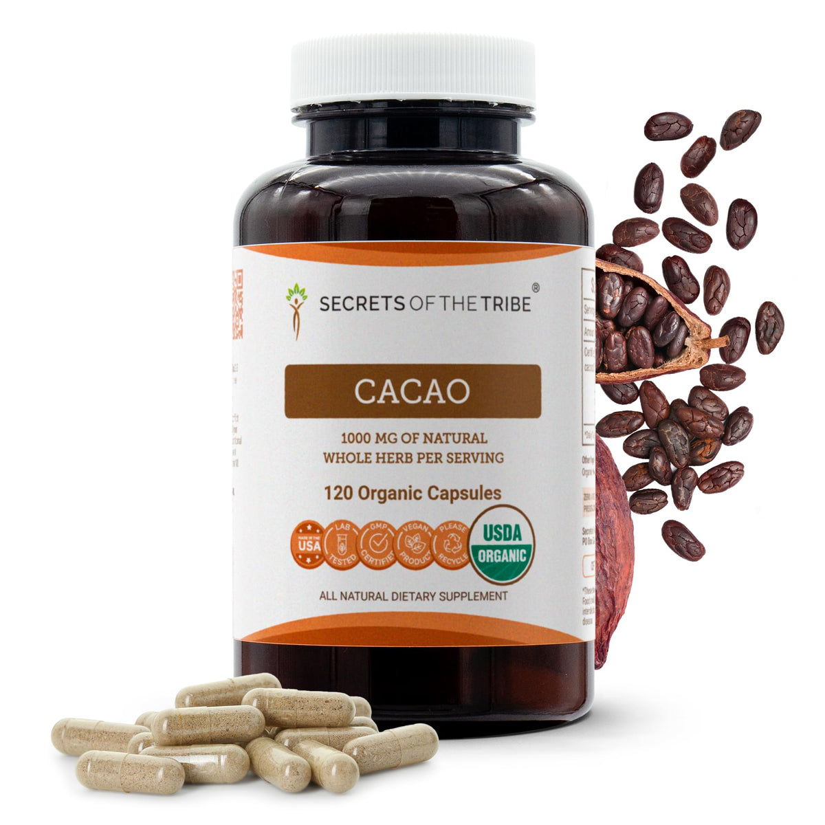 Secrets of the Tribe cacao capsules bottle closeup with organic certification highlights.