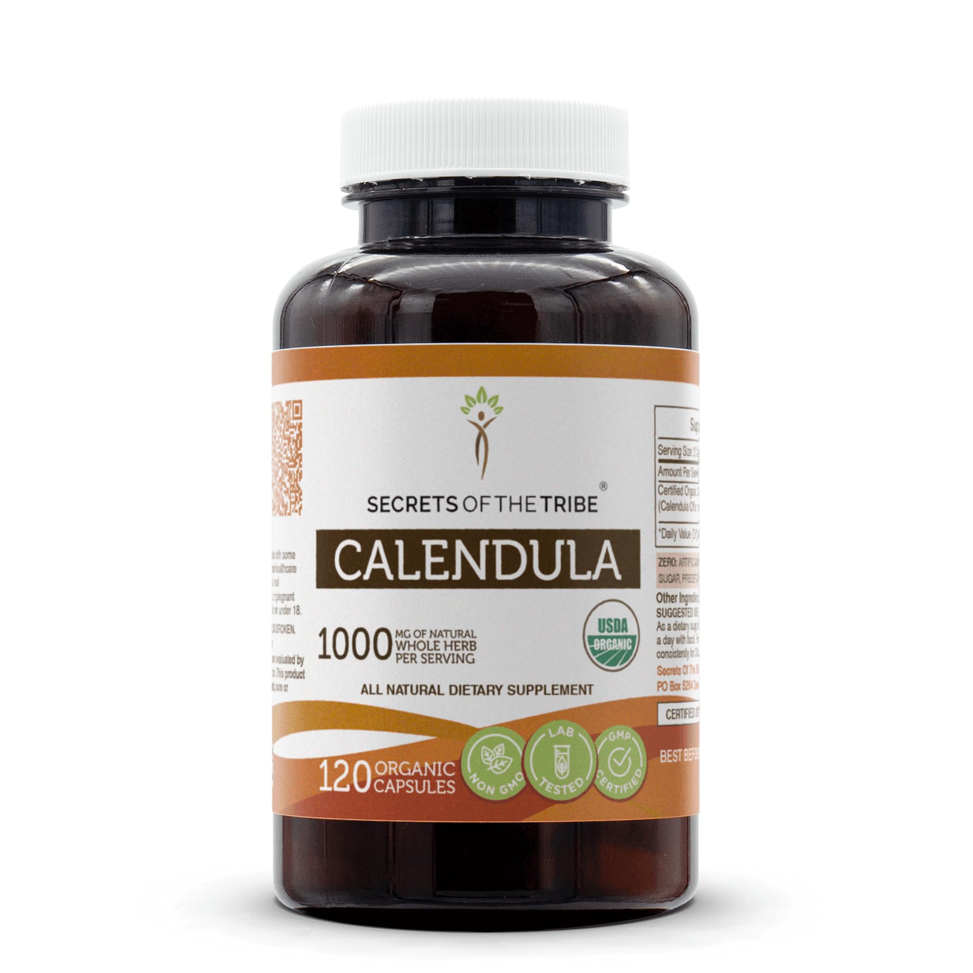 Secrets of the Tribe Calendula bottle with capsules for daily organic wellness.