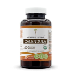 Secrets of the Tribe Calendula bottle with capsules for daily organic wellness.