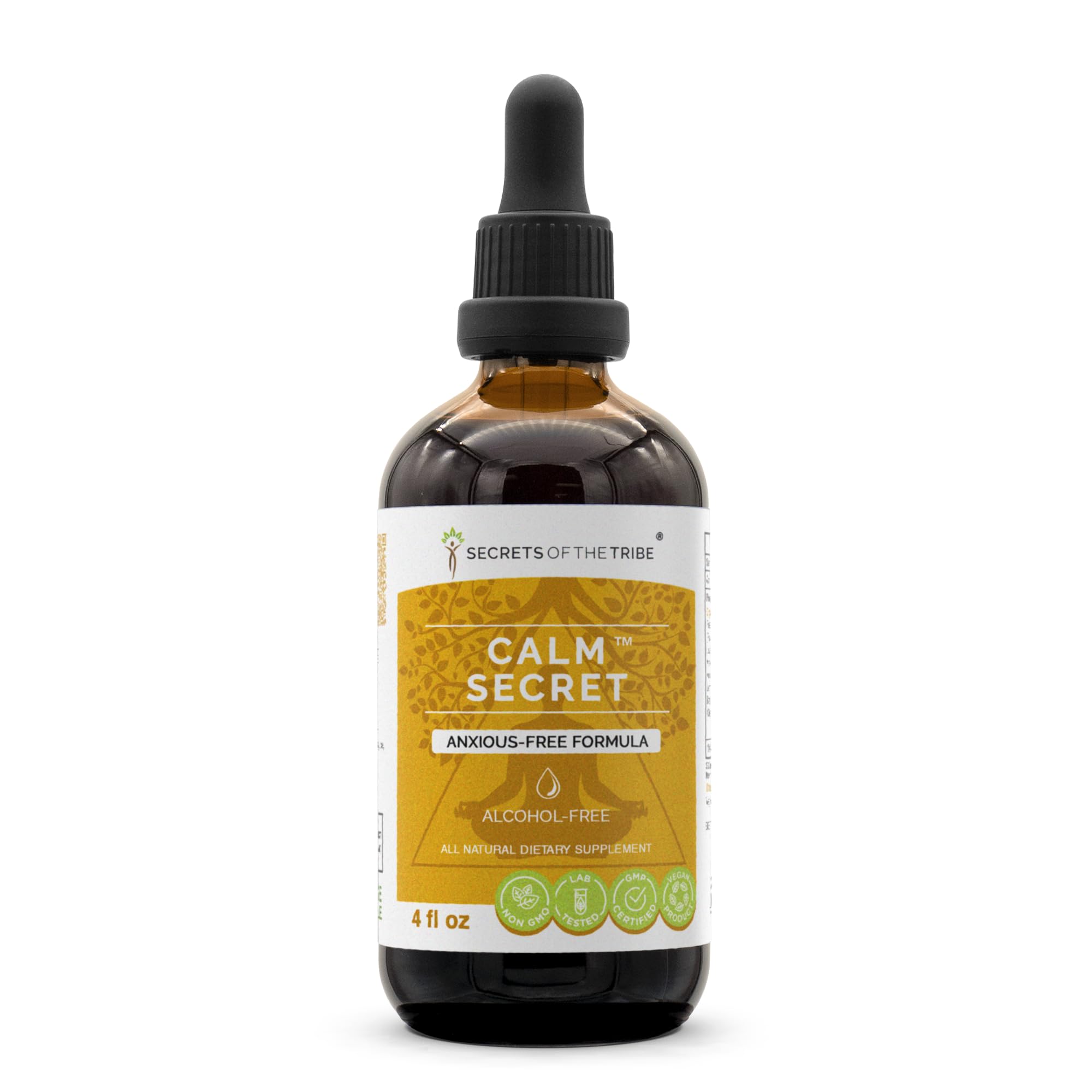 Secrets of the Tribe Calm Secret bottle close-up for convenient, alcohol-free herbal calm moments.
