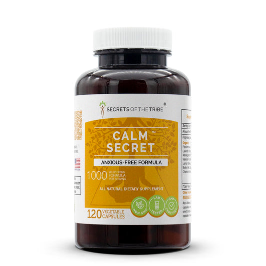 Secrets of the Tribe Calm Secret bottle with capsules suggesting calm balance.