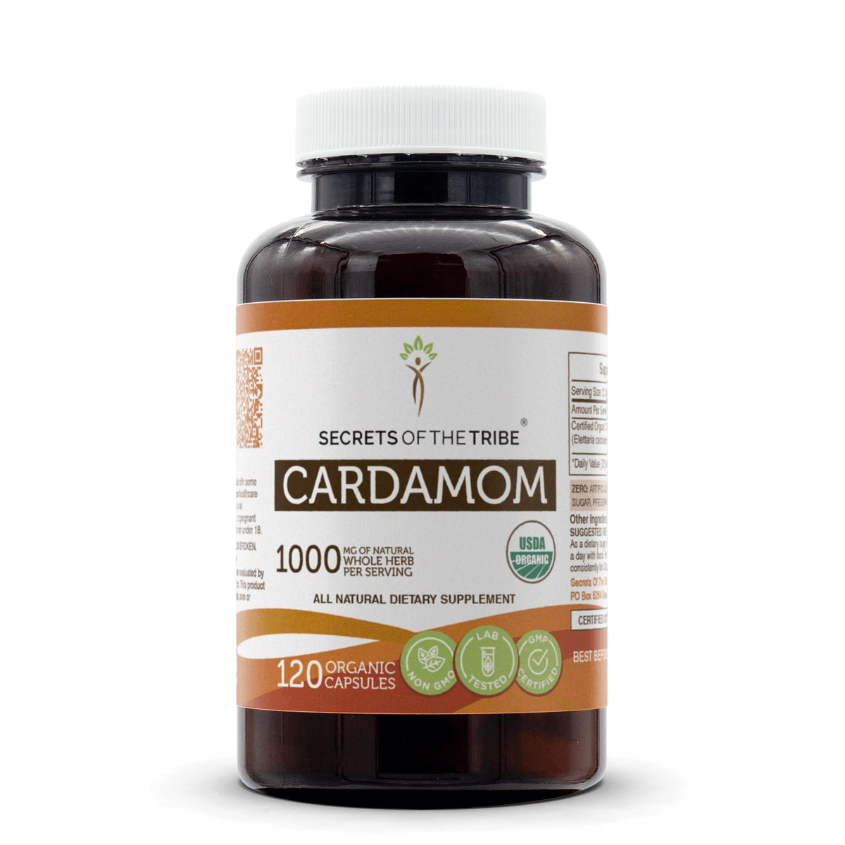 Secrets of the Tribe Cardamom capsules bottle for daily use.