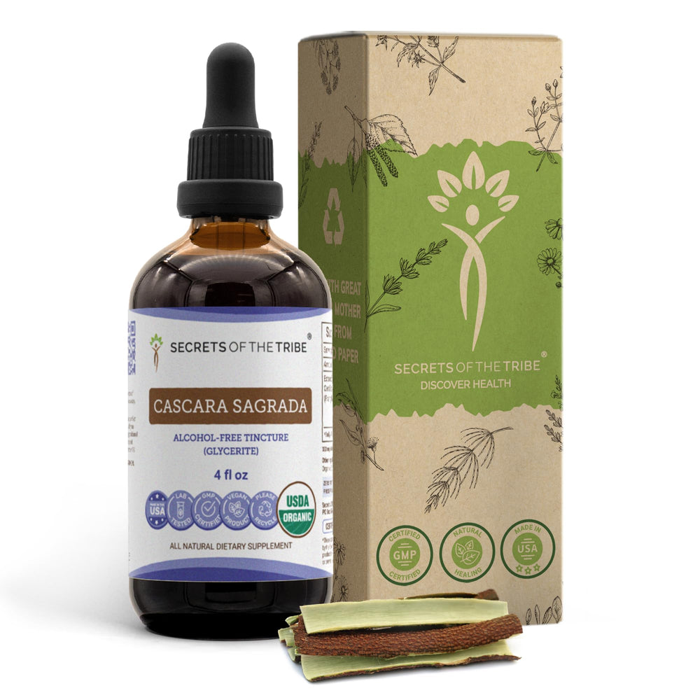 Secrets of the Tribe cascara sagrada tincture bottle on counter for daily digestive balance