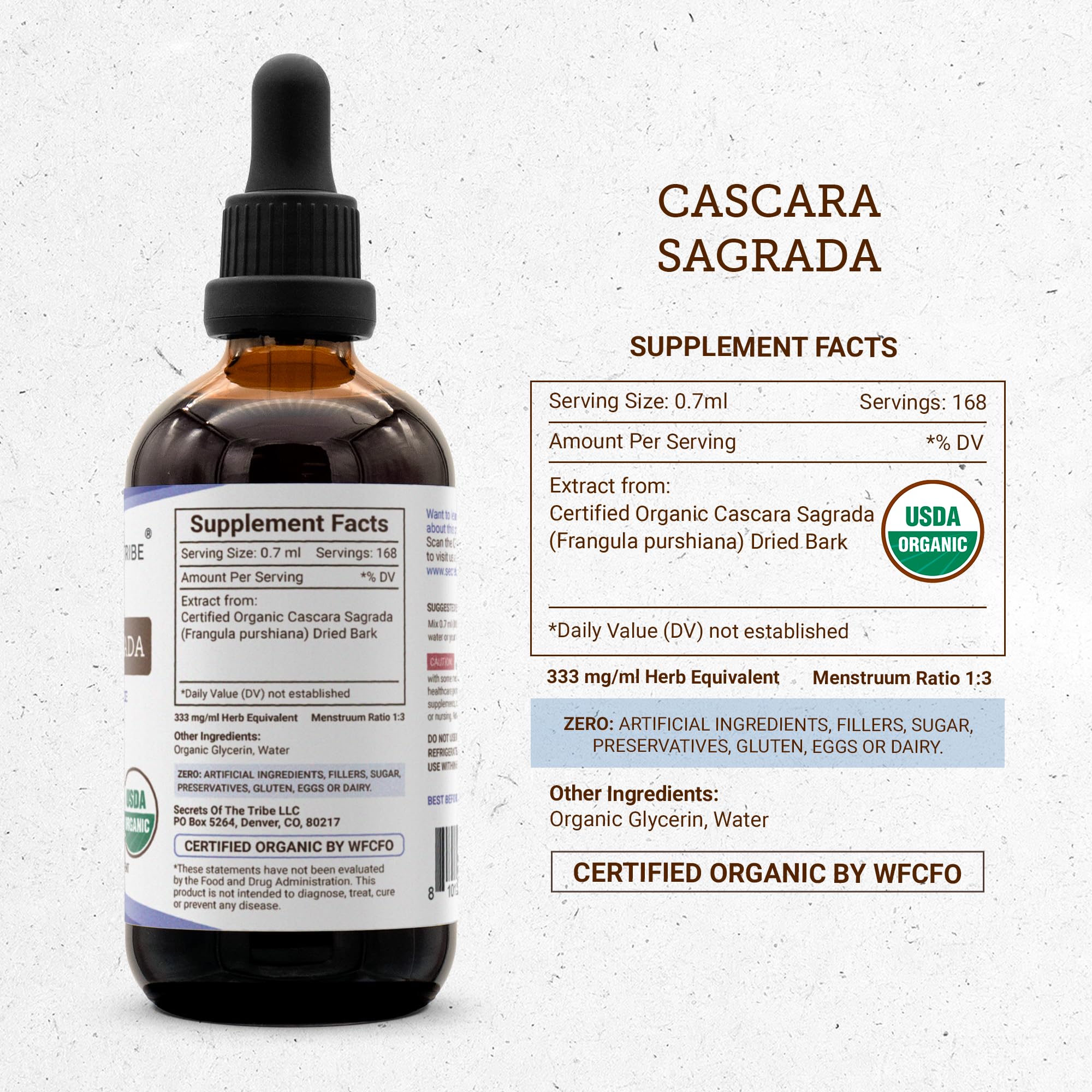Secrets of the Tribe cascara sagrada tincture bottle in glass dropper ready for daily routine