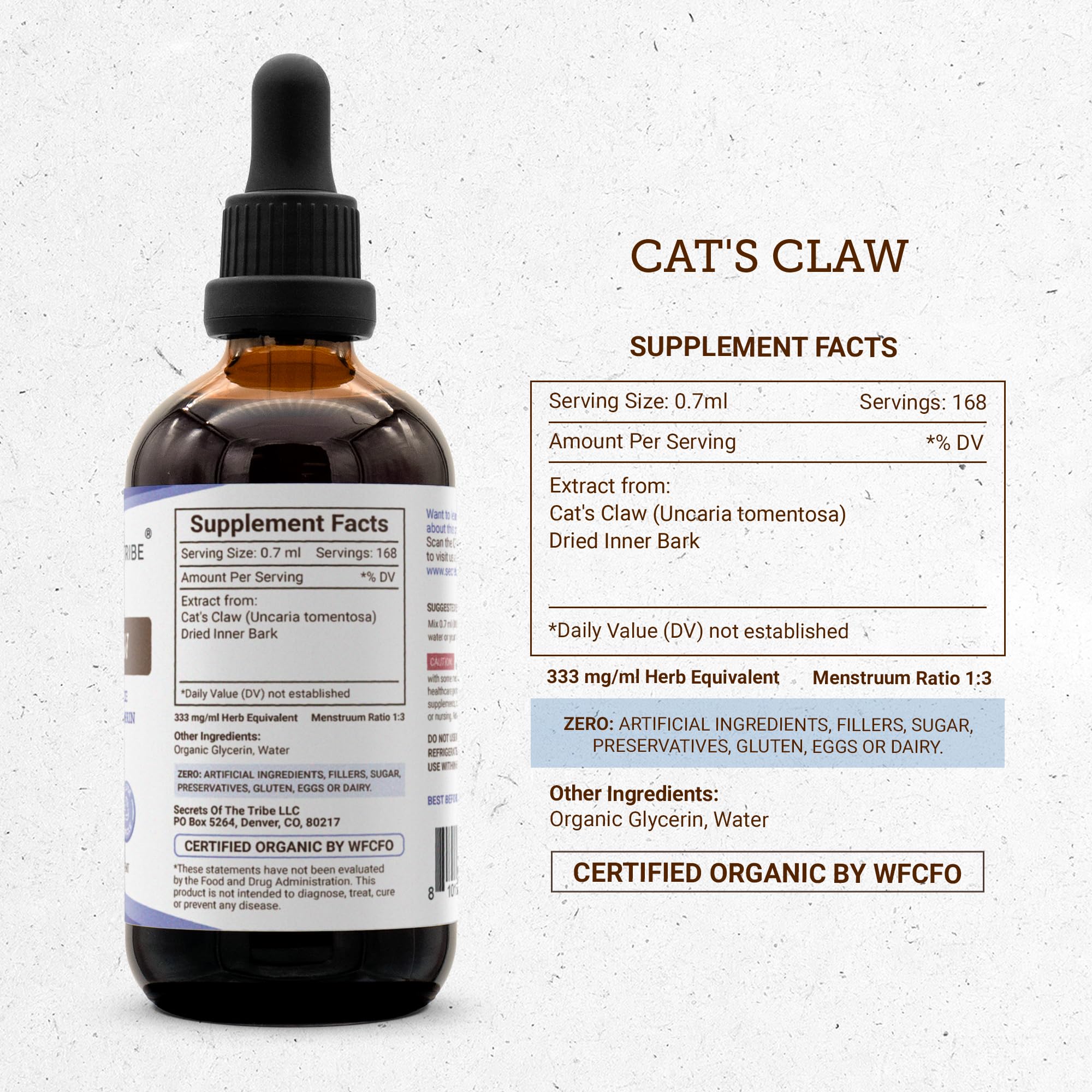 Secrets of the Tribe Cat's Claw inner bark preserves potent herbal notes for daily wellness.