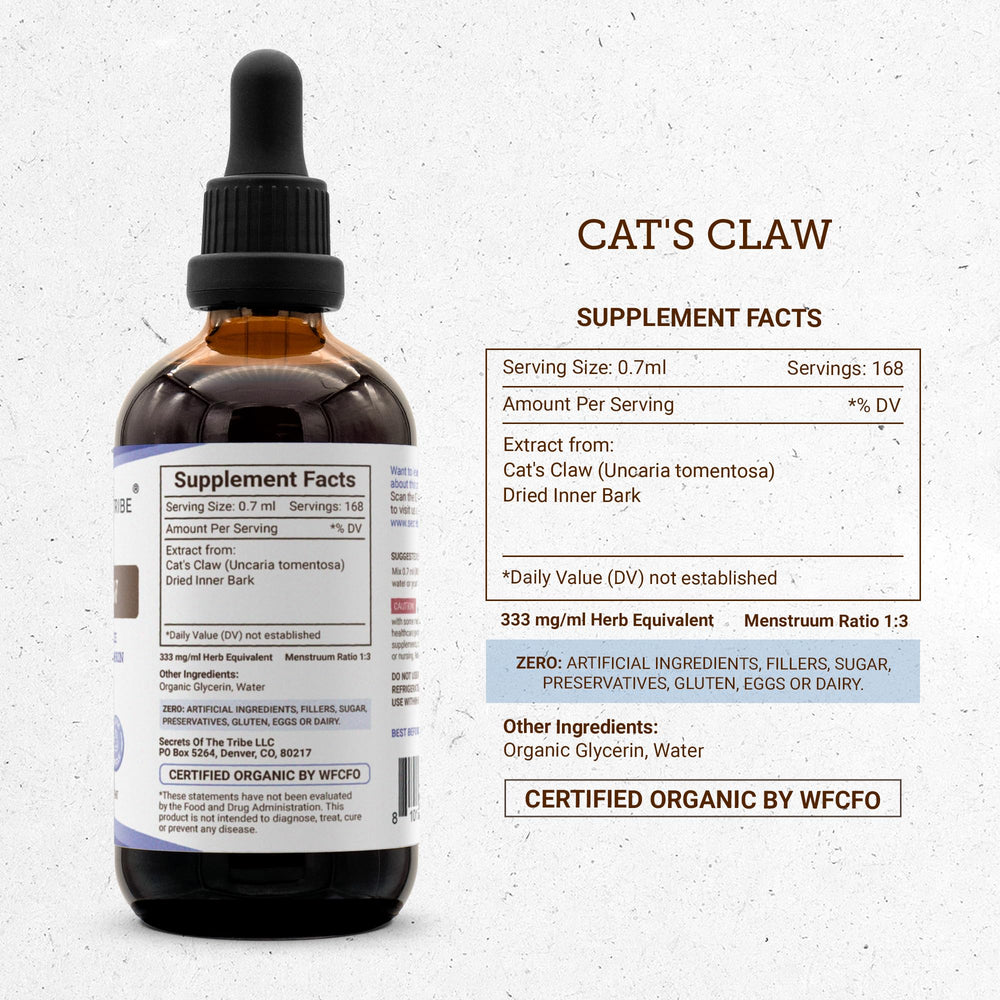 Secrets of the Tribe Cat's Claw inner bark preserves potent herbal notes for daily wellness.