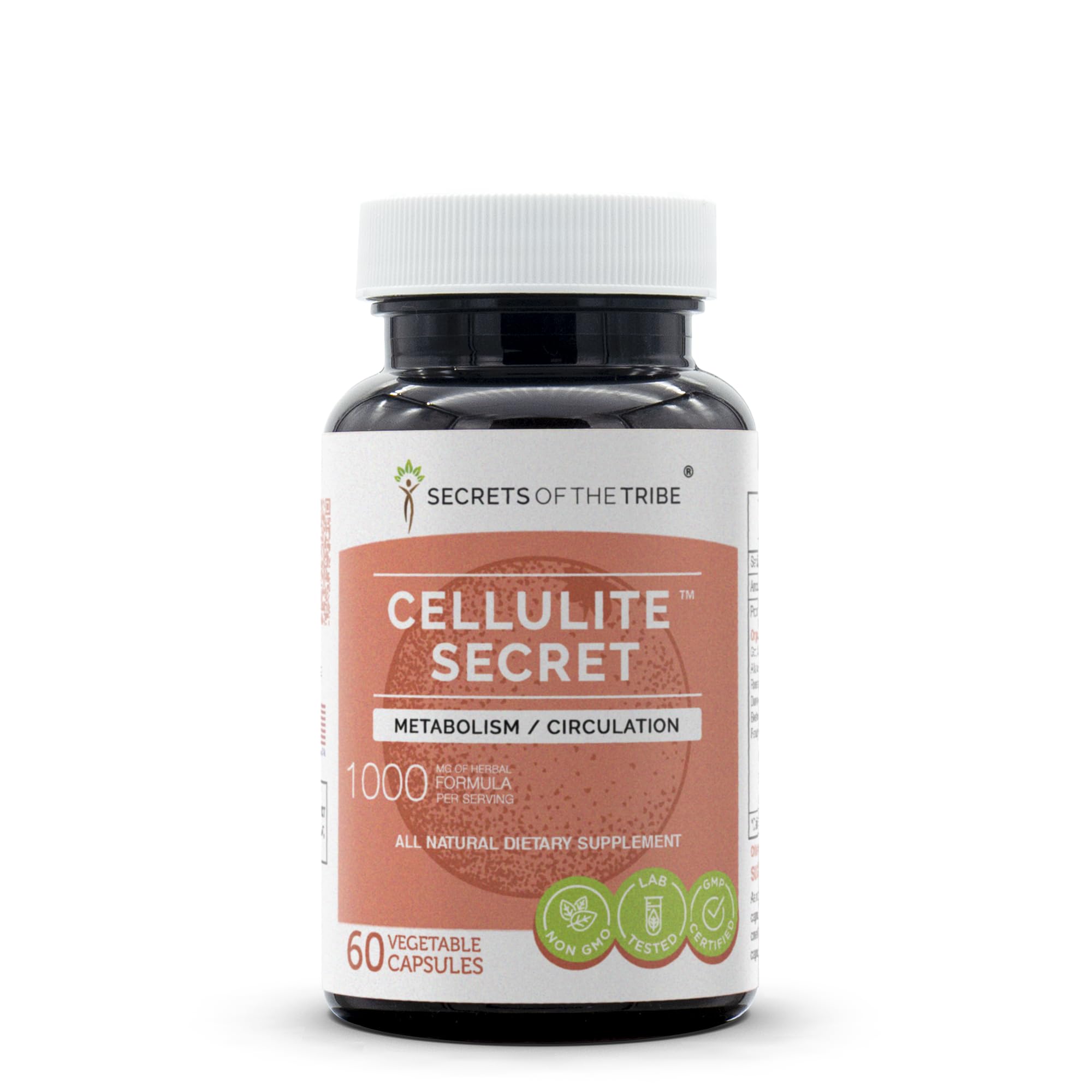 Secrets of the Tribe Cellulite Secret bottle front showing daily skin-support capsules.