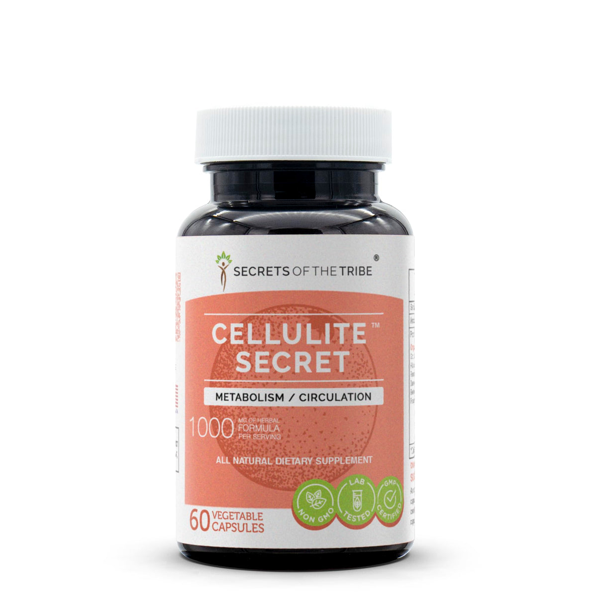 Secrets of the Tribe Cellulite Secret bottle front showing daily skin-support capsules.