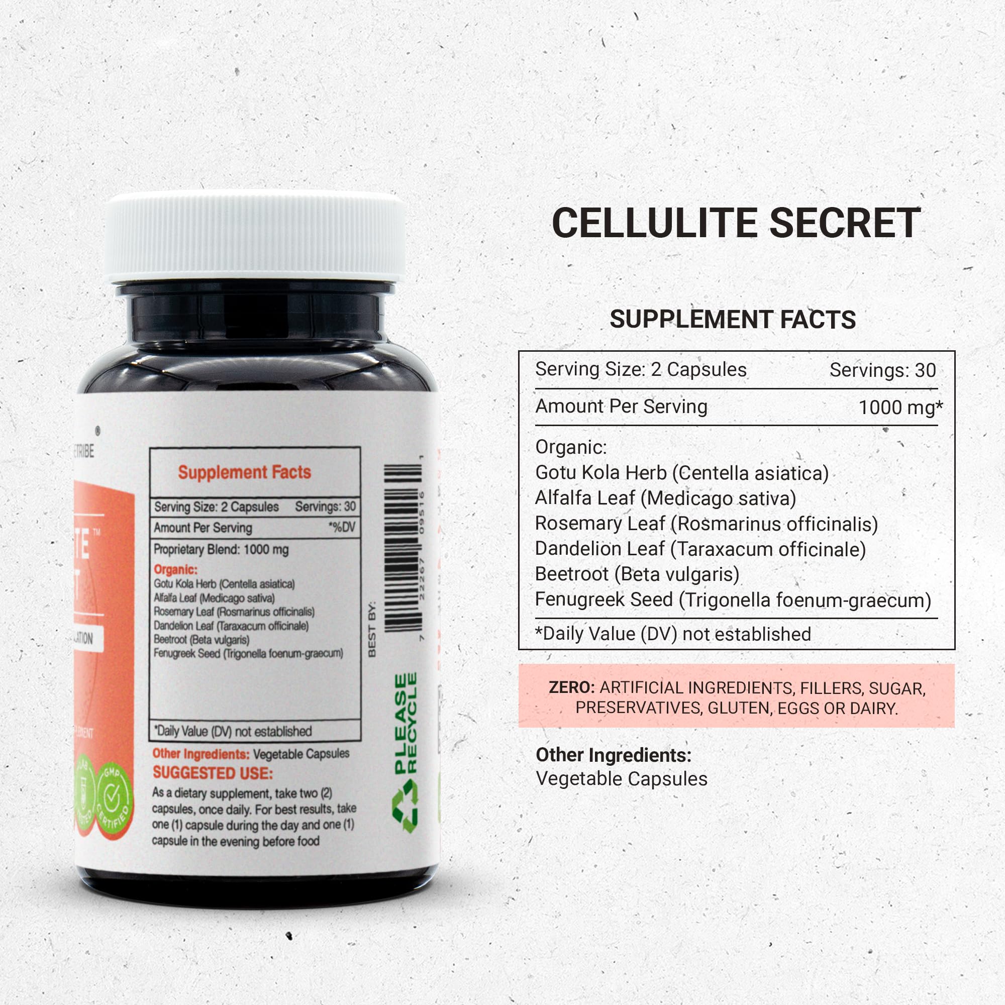 Secrets of the Tribe Cellulite Secret ingredients label featuring gotu kola and beet root.