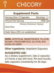 Secrets of the Tribe Chicory 230 capsules packaging close-up highlighting natural ingredients.