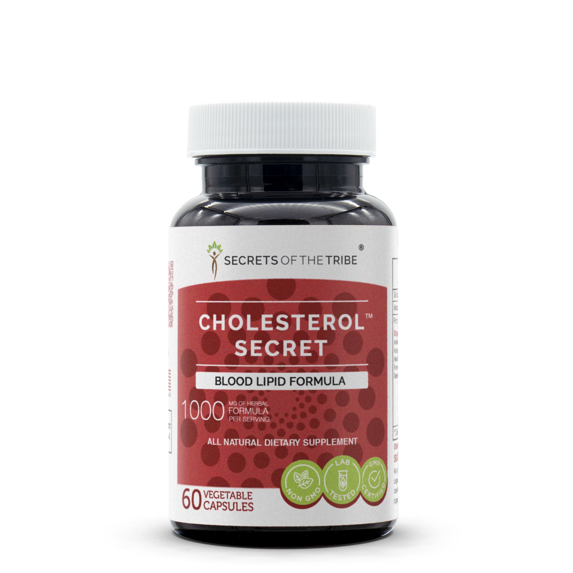 Secrets of the Tribe Cholesterol Secret bottle label showing premium herbal formulation.