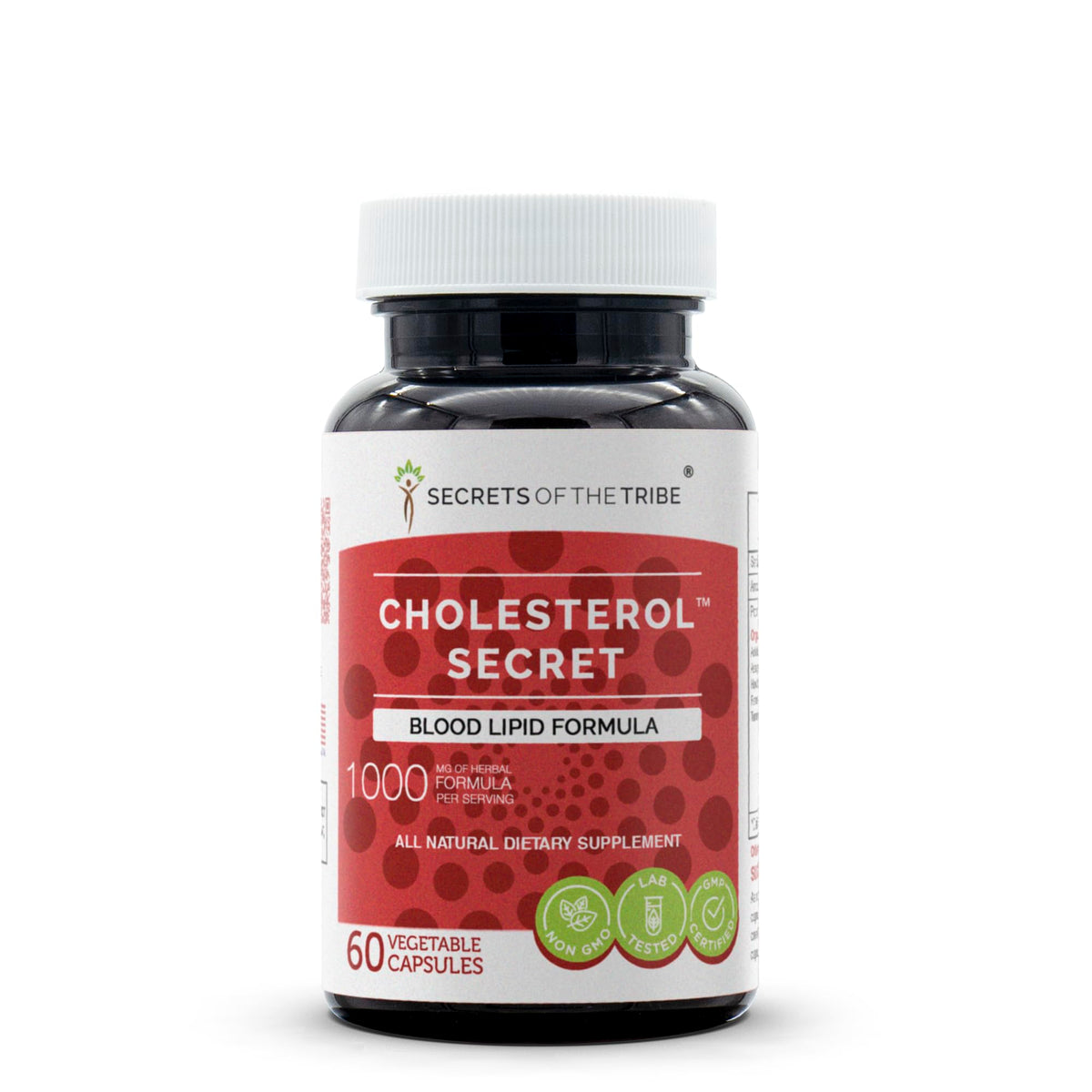 Secrets of the Tribe Cholesterol Secret bottle label showing premium herbal formulation.