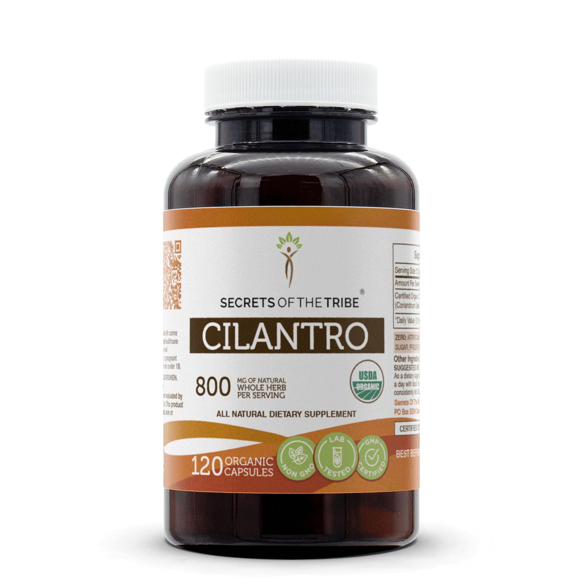 Secrets of the Tribe cilantro capsules bottle front showing organic certification for easy daily use