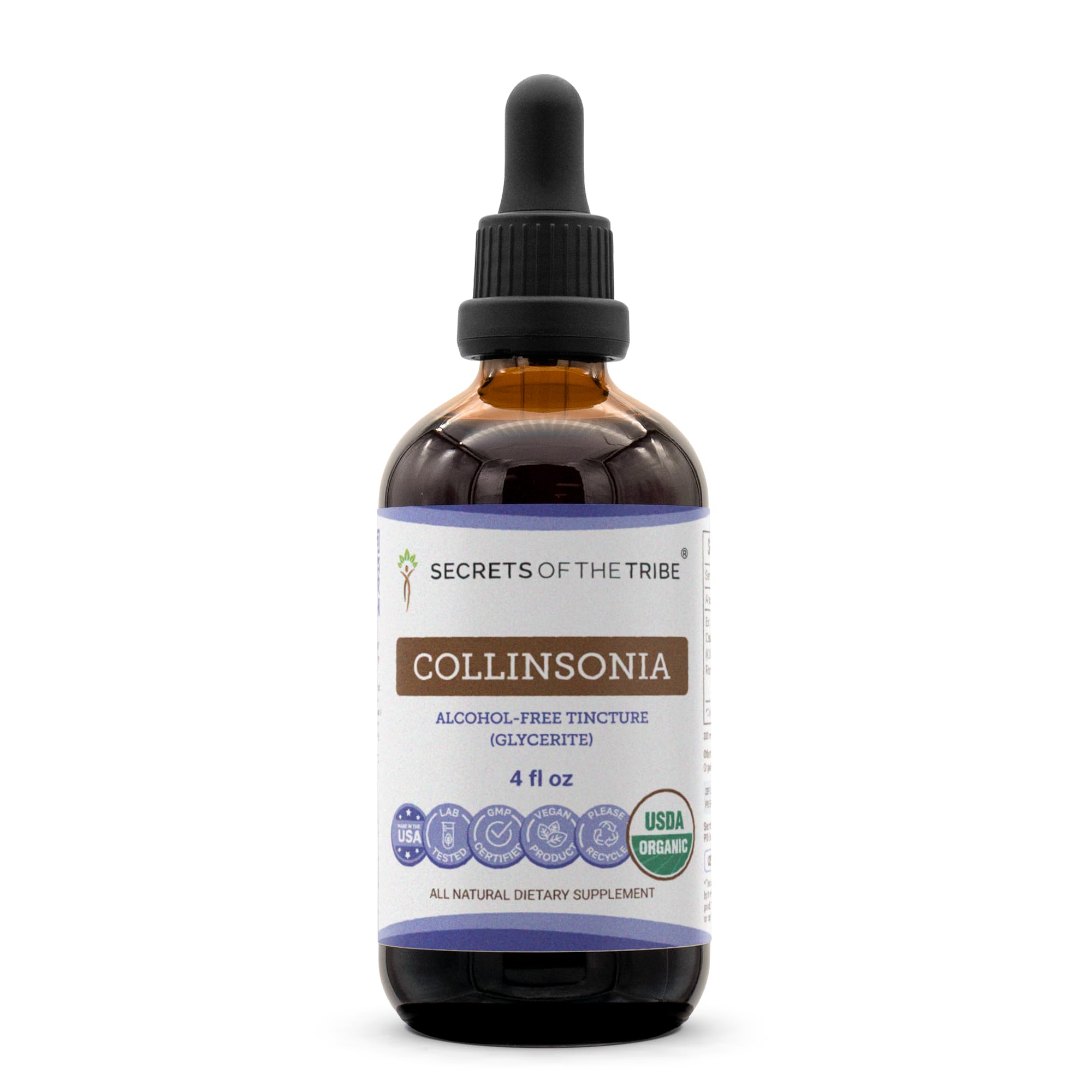 Secrets of the Tribe Collinsonia bottle closeup showing organic label and pure extract.