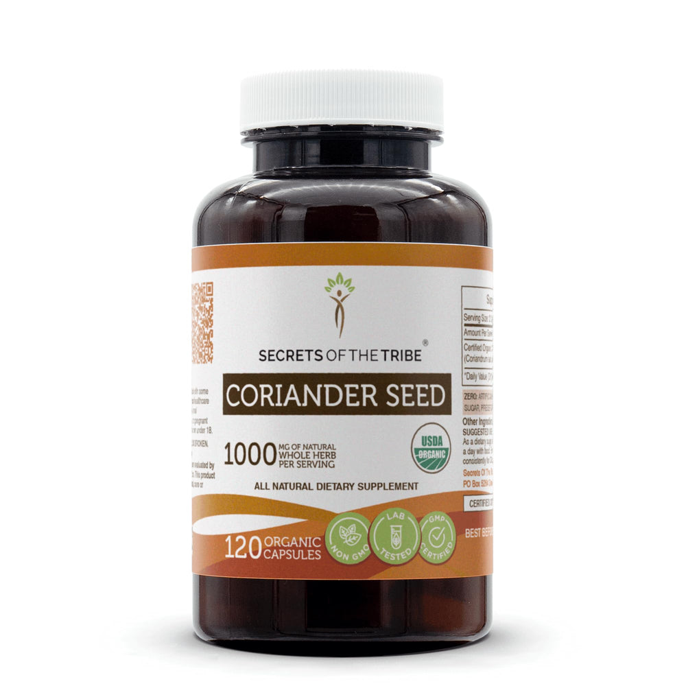 Secrets of the Tribe coriander seed organic bottle front view for daily use.