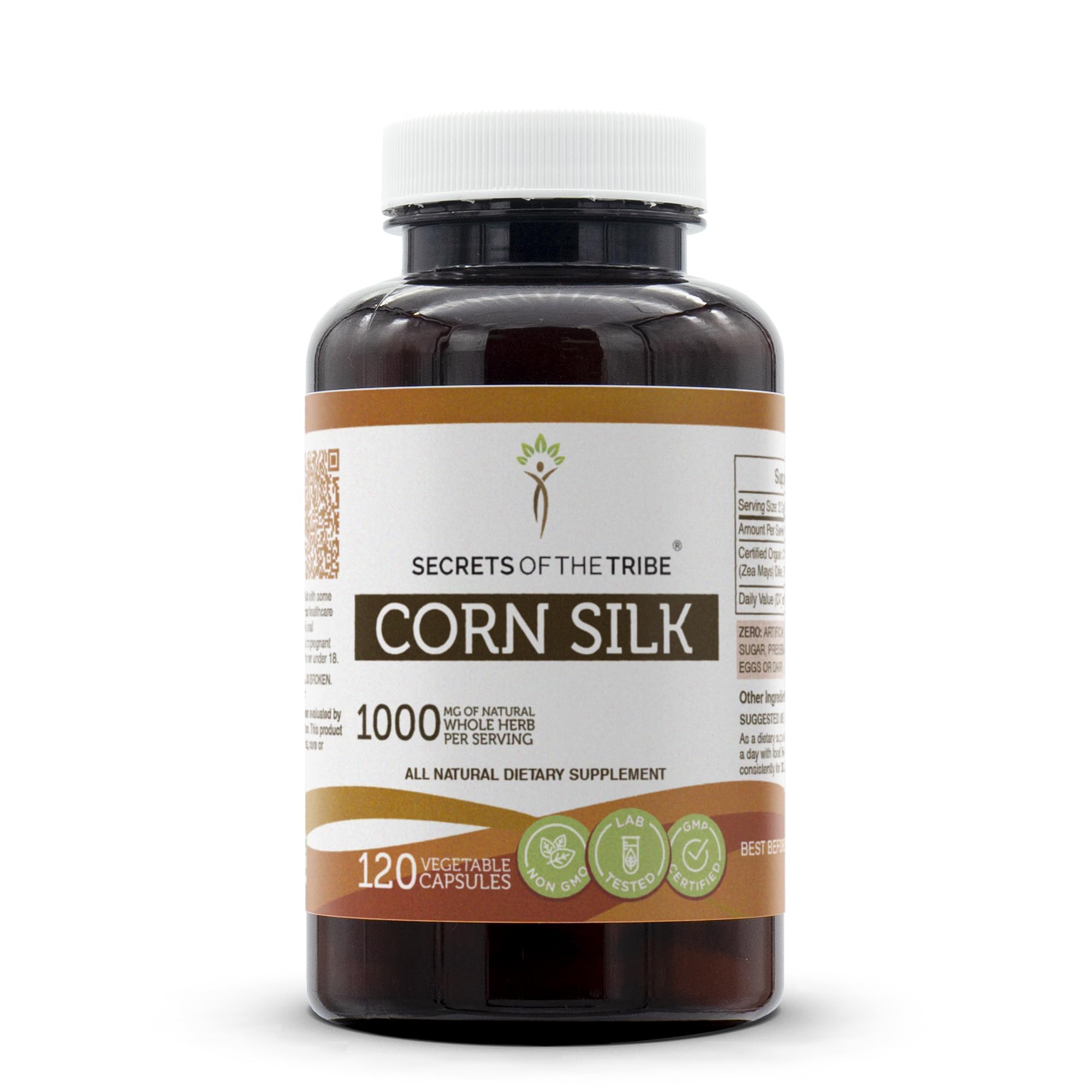 Secrets of the Tribe corn silk bottle shows daily herbal capsules for convenience.